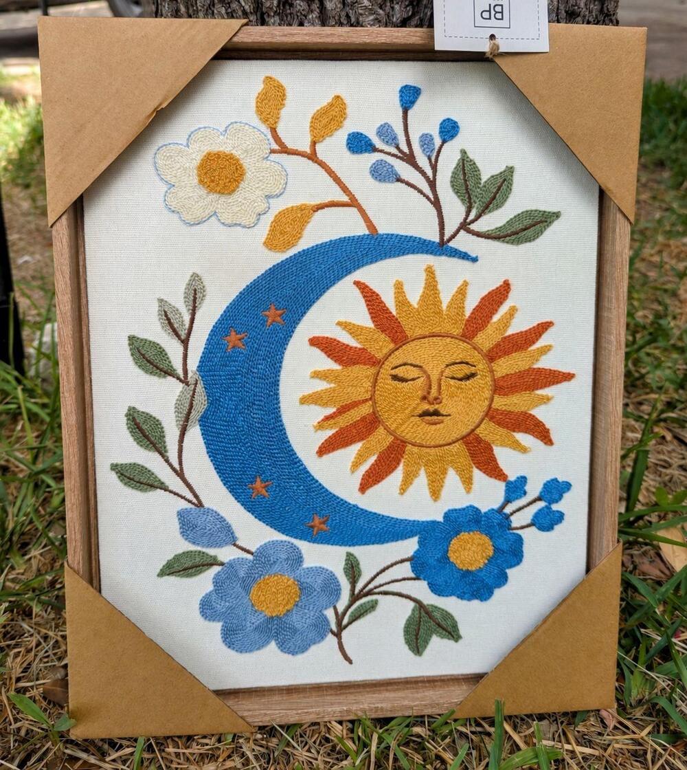 BP Home Sun Moon Embroidered Wall Art Floral Celestial Decor Hippie 15 X 12